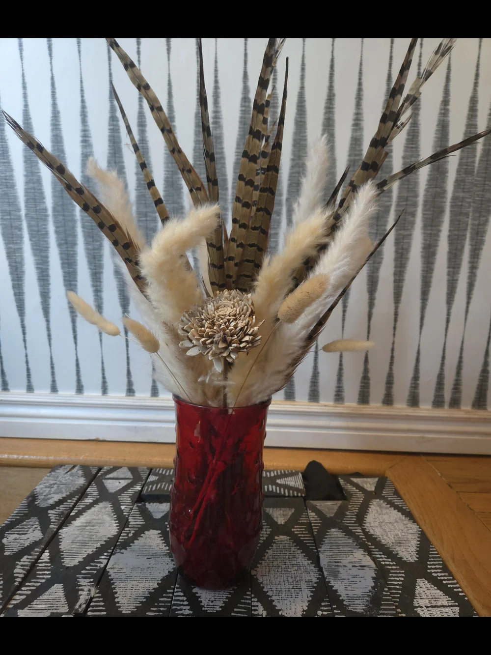 Vintage Ruby Red Embossed Glass Vase – Textured Cylinder Flower Vase Home Décor